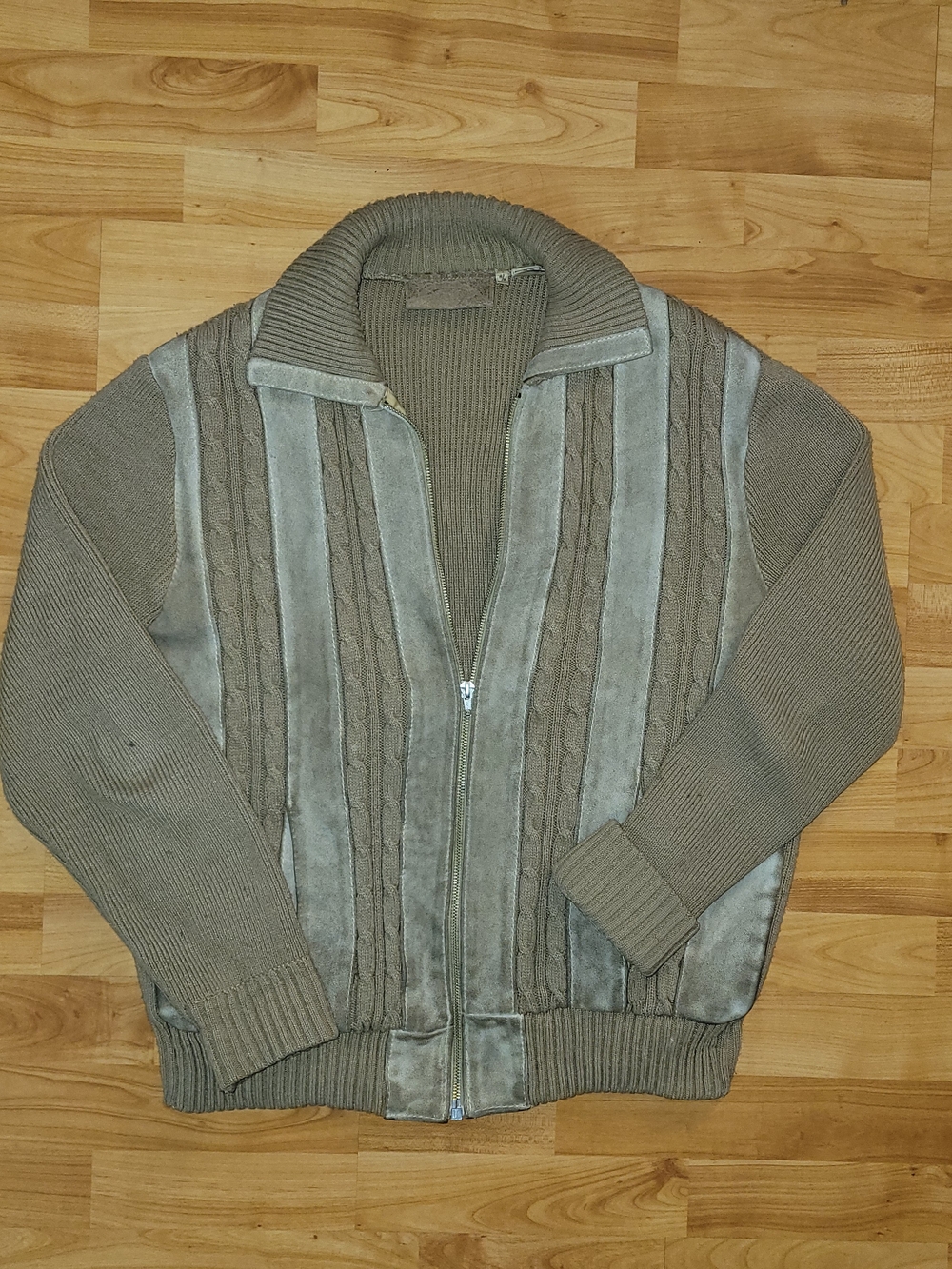True Vintage 70-80s ZELLERS Nylon Leather Panel Knit Zip Cardigan Sweater Medium